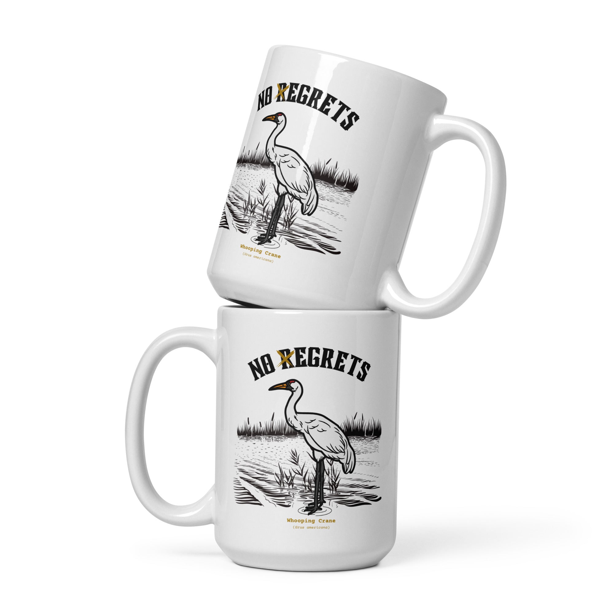 White 15-ounce mug featuring a play on the "No Regrets" tattoo that has the "R" crossed out to say "No Egrets" with a Whooping Crane below in a wetland setting.