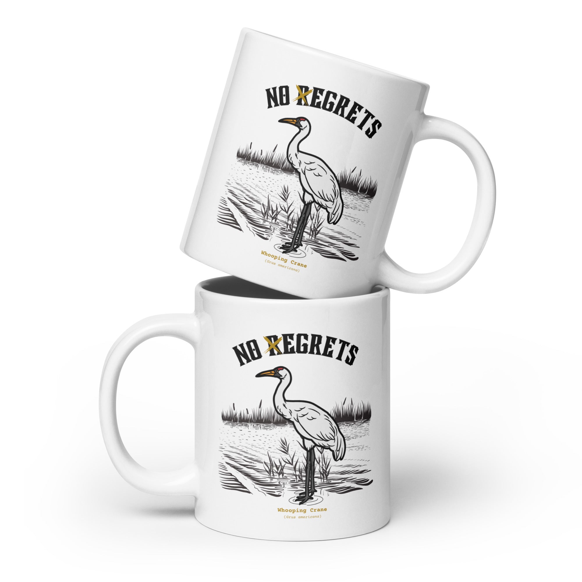 White 20-ounce mug featuring a play on the "No Regrets" tattoo that has the "R" crossed out to say "No Egrets" with a Whooping Crane below in a wetland setting.