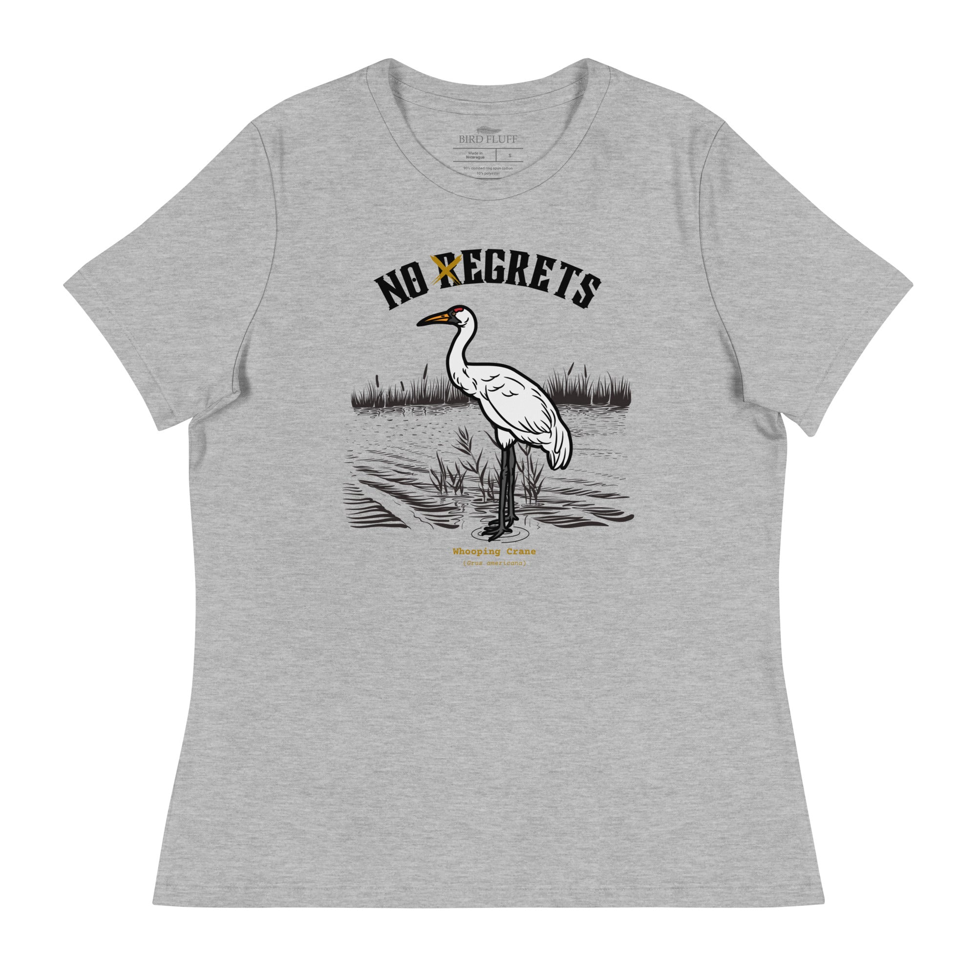 Light heather gray women's bird shirt featuring a play on the "No Regrets" tattoo that has the "R" crossed out to say "No Egrets" with a Whooping Crane below in a wetland setting.