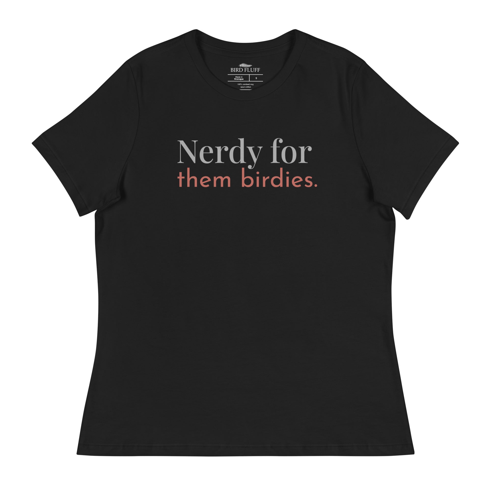 Black women's bird shirt with the words Nerdy for them birdies on the front in two coordinating fonts and colors.