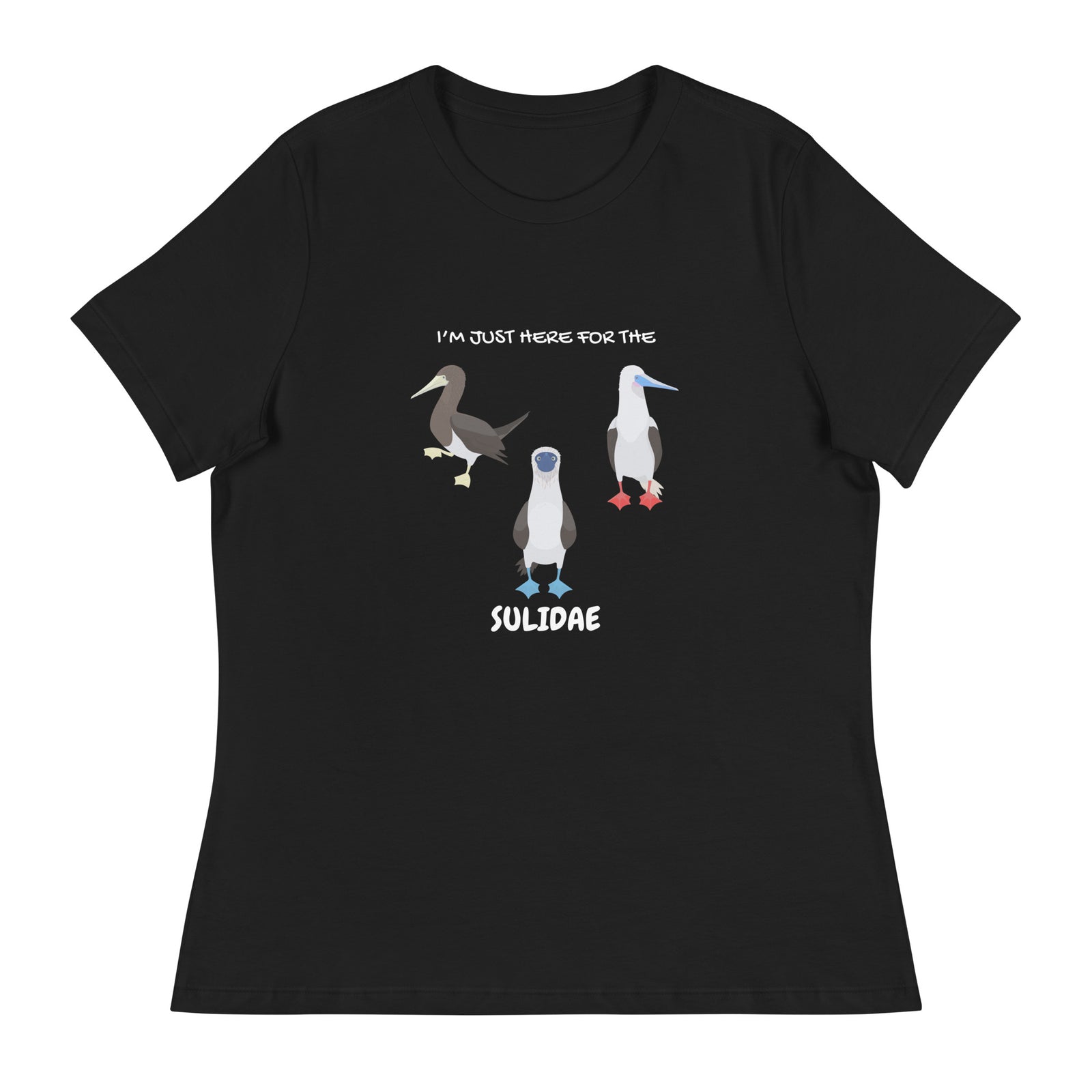 Black women's fit birder shirt with a red-footed, blue-footed and brown booby on it, but referencing only the scientific family name for the bird.