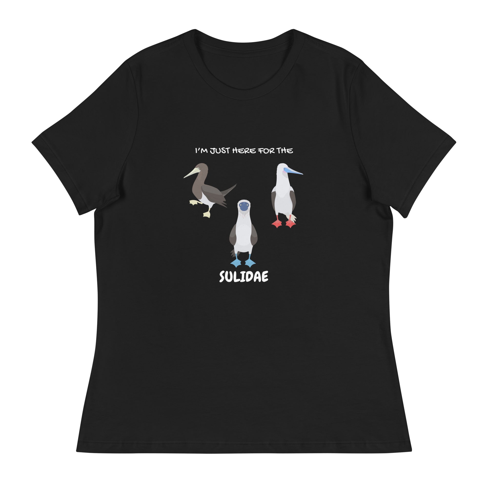 Black women's fit birder shirt with a red-footed, blue-footed and brown booby on it, but referencing only the scientific family name for the bird.
