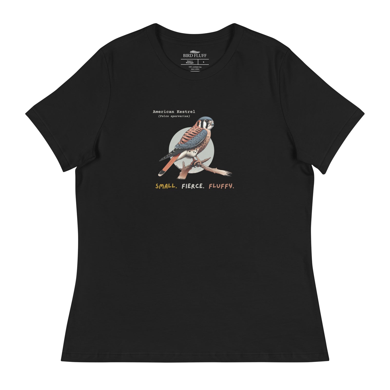 A black women's bird shirt with the words, "Small. Fierce. Fluffy" below an illustration of an American Kestrel.
