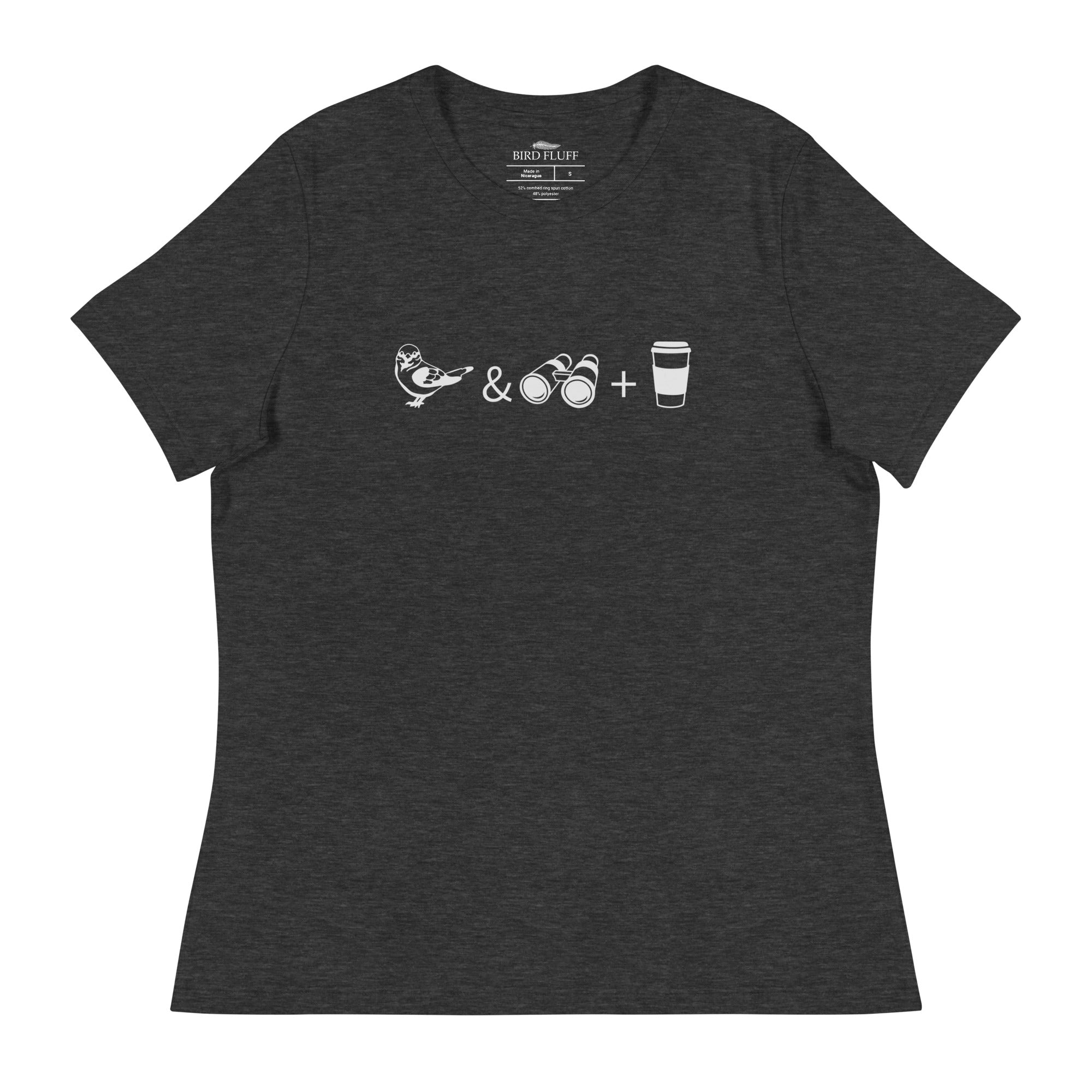 Dark heather gray women's bird t-shirt celebrating bird watching and coffee with a graphic of binoculars, a bird, and a travel cup of coffee.