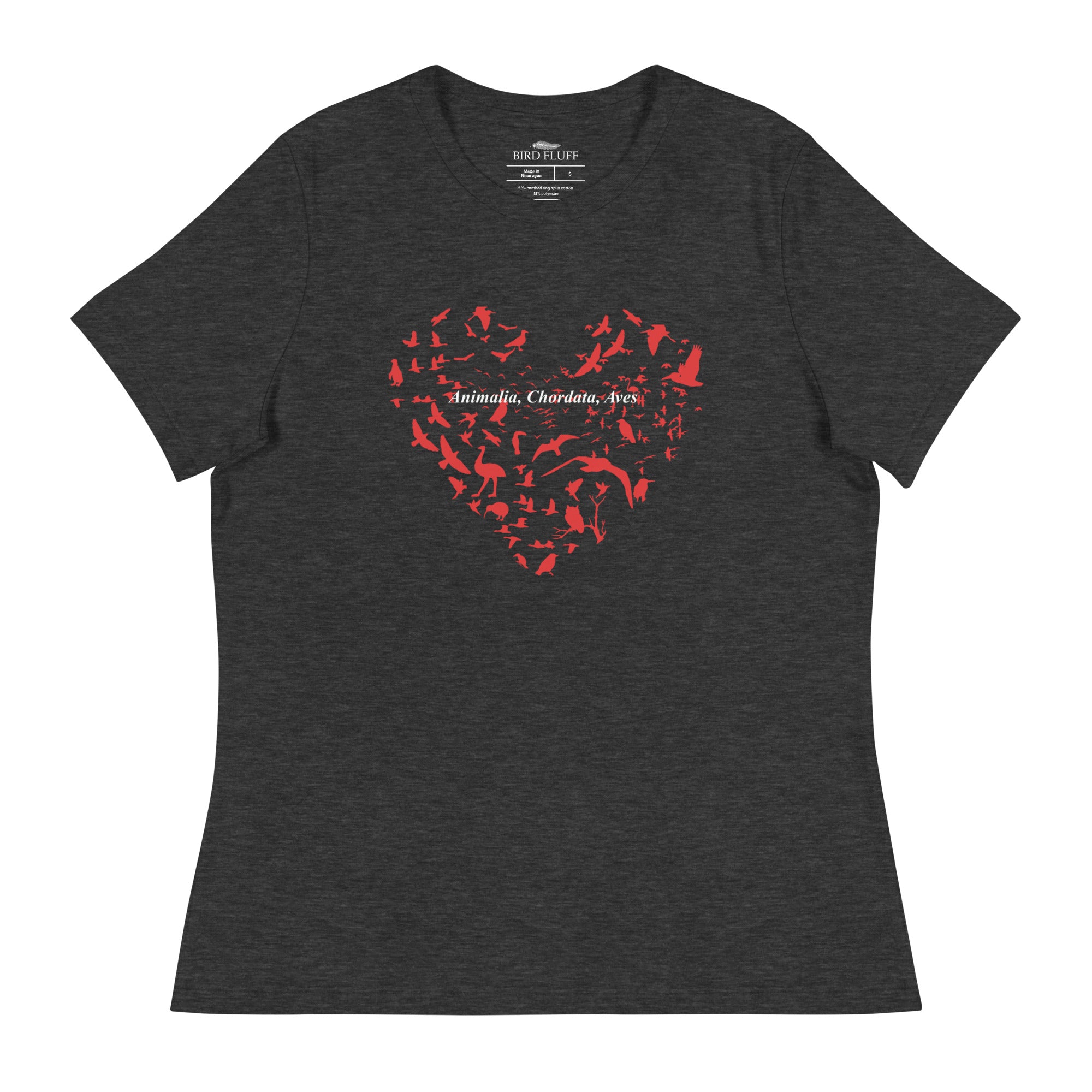 Dark heather gray blue women's bird t-shirt with a bird silhouettes of many different types of birds in red and arranged so they make a heart shape, on top of that the words, "Animalia, Chordata, Aves".
