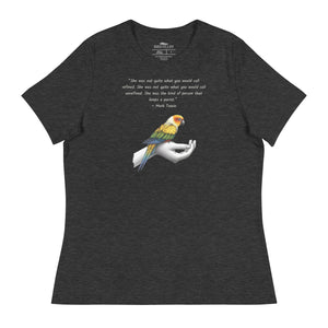 Women's relaxed fit dark heather gray bird  t-shirt with a sun conure on a hand and a Mark Twain quote about a woman who keeps parrots.