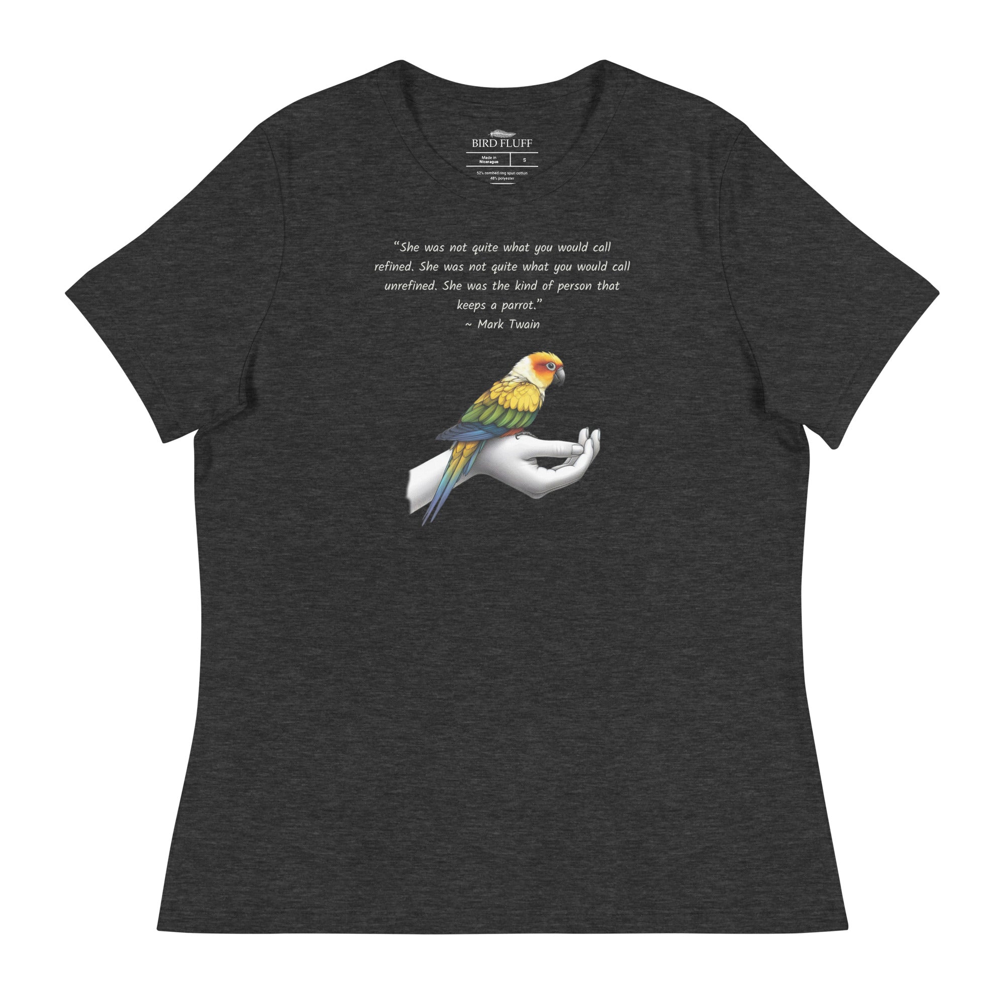 Women's relaxed fit dark heather gray bird  t-shirt with a sun conure on a hand and a Mark Twain quote about a woman who keeps parrots.