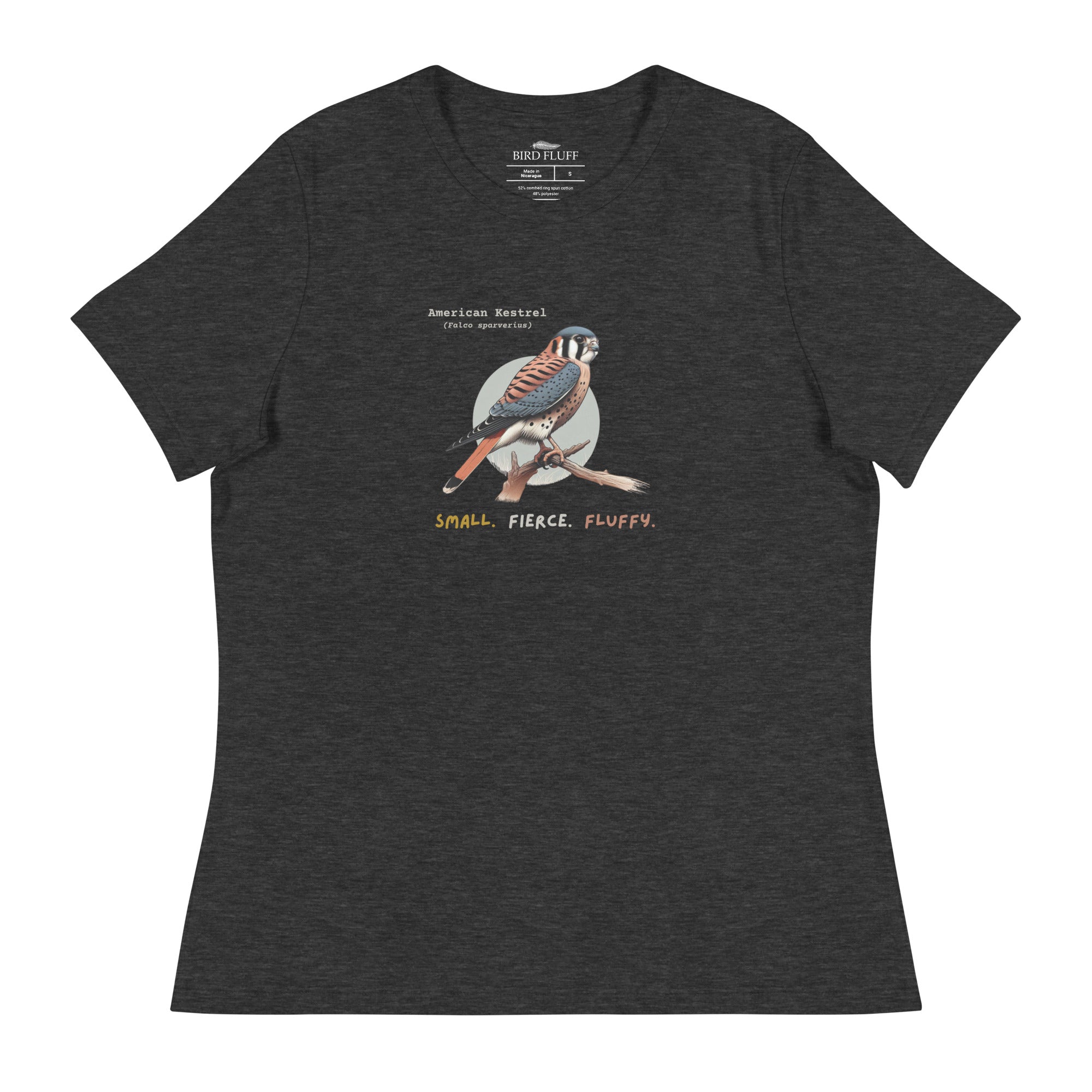 A dark heather gray women's bird shirt with the words, "Small. Fierce. Fluffy" below an illustration of an American Kestrel.
