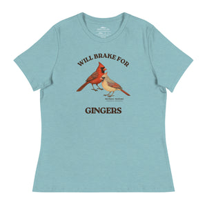 Heather light blue women's relaxed fit bird shirt with a male and female northern cardinal and the words, "Will Brake for Gingers" worn by a woman.