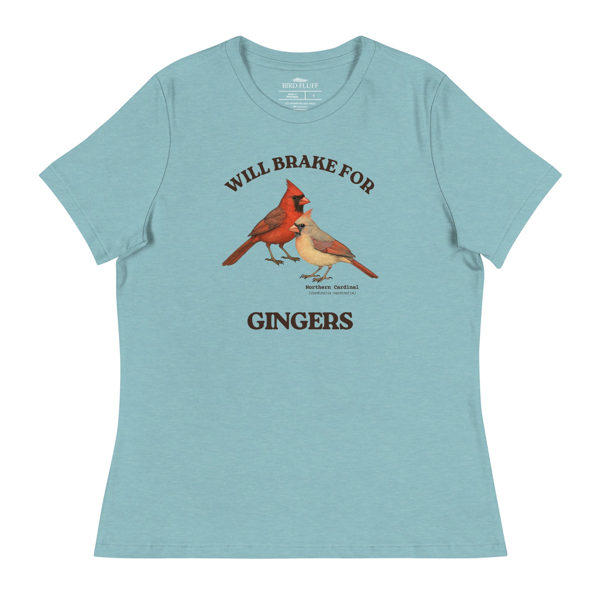 Heather light blue women's relaxed fit bird shirt with a male and female northern cardinal and the words, "Will Brake for Gingers" worn by a woman.