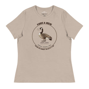 Women's relaxed fit light tan bird shirt with a canada goose on the front and a park department theme.