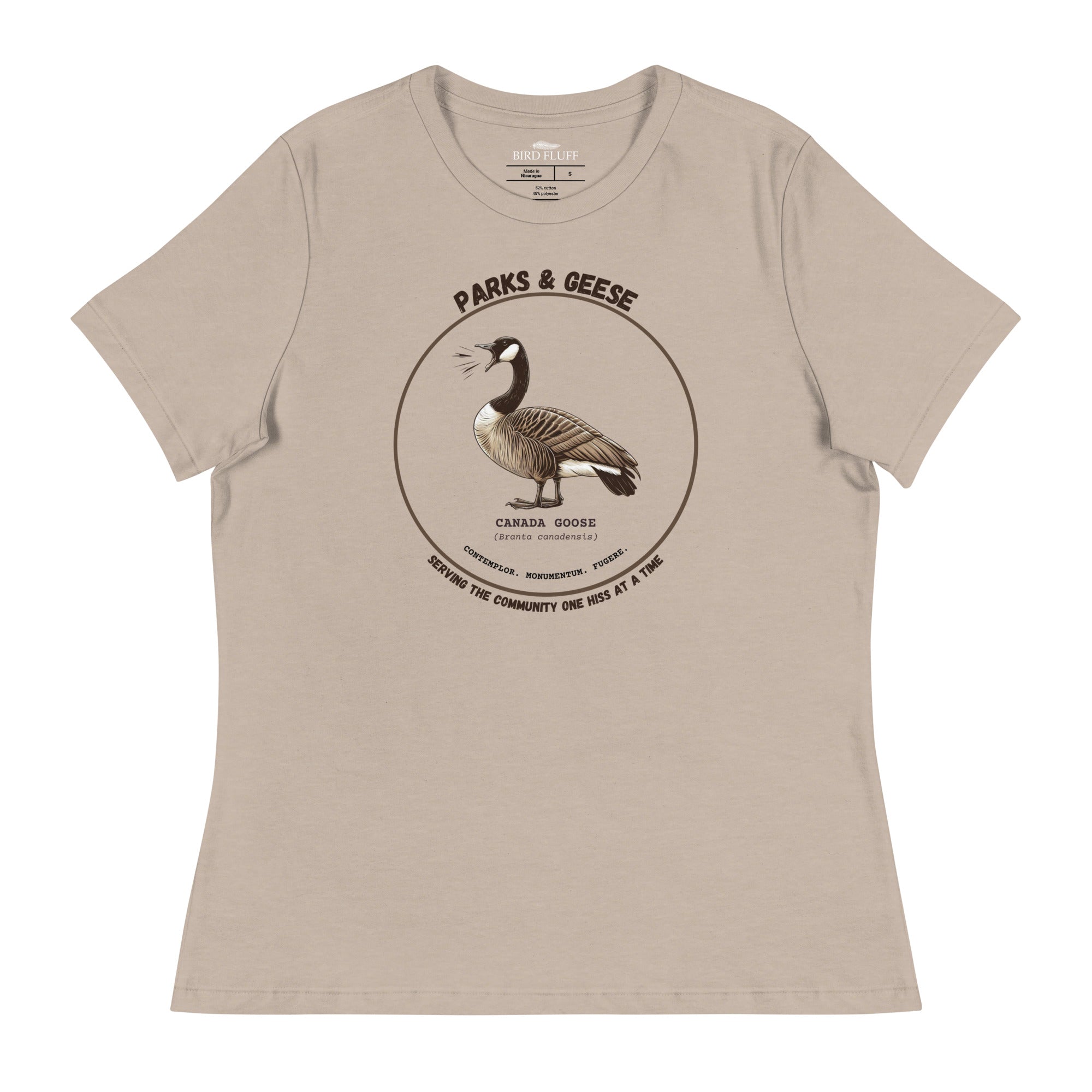 Women's relaxed fit light tan bird shirt with a canada goose on the front and a park department theme.
