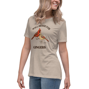 Heather tan women's relaxed fit bird shirt with a male and female northern cardinal and the words, "Will Brake for Gingers" worn by a woman.