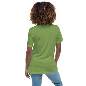 Leaf green women's relaxed fit bird shirt with a male and female northern cardinal and the words, "Will Brake for Gingers" worn by a woman, rear view, no graphics shown.