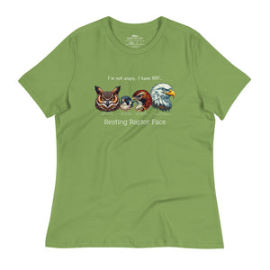 A leaf green bird shirt with a great horned owl, a peregrine falcon, a red-tailed hawk and a bald eagle. The shirt has text that says, I'm not angry, I have RRF. Resting Raptor Face.
