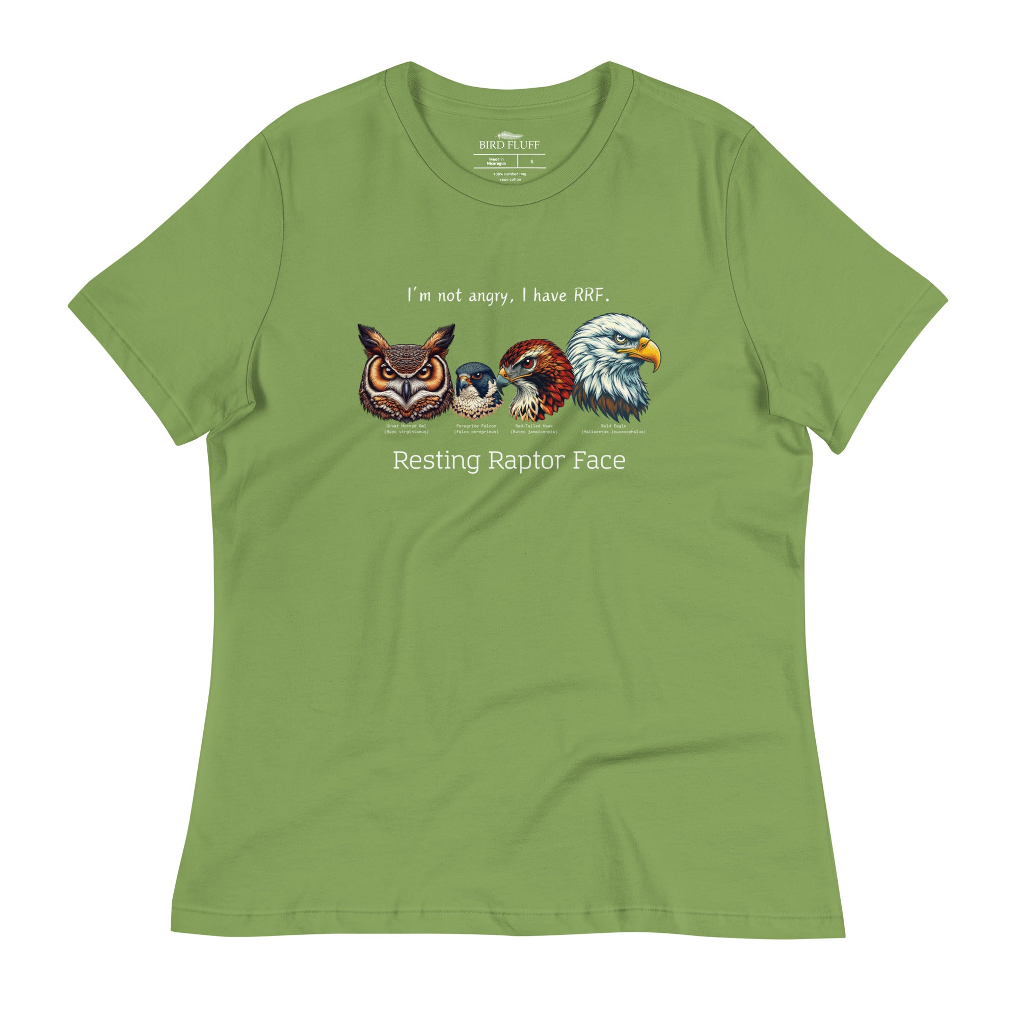 A leaf green bird shirt with a great horned owl, a peregrine falcon, a red-tailed hawk and a bald eagle. The shirt has text that says, I'm not angry, I have RRF. Resting Raptor Face.