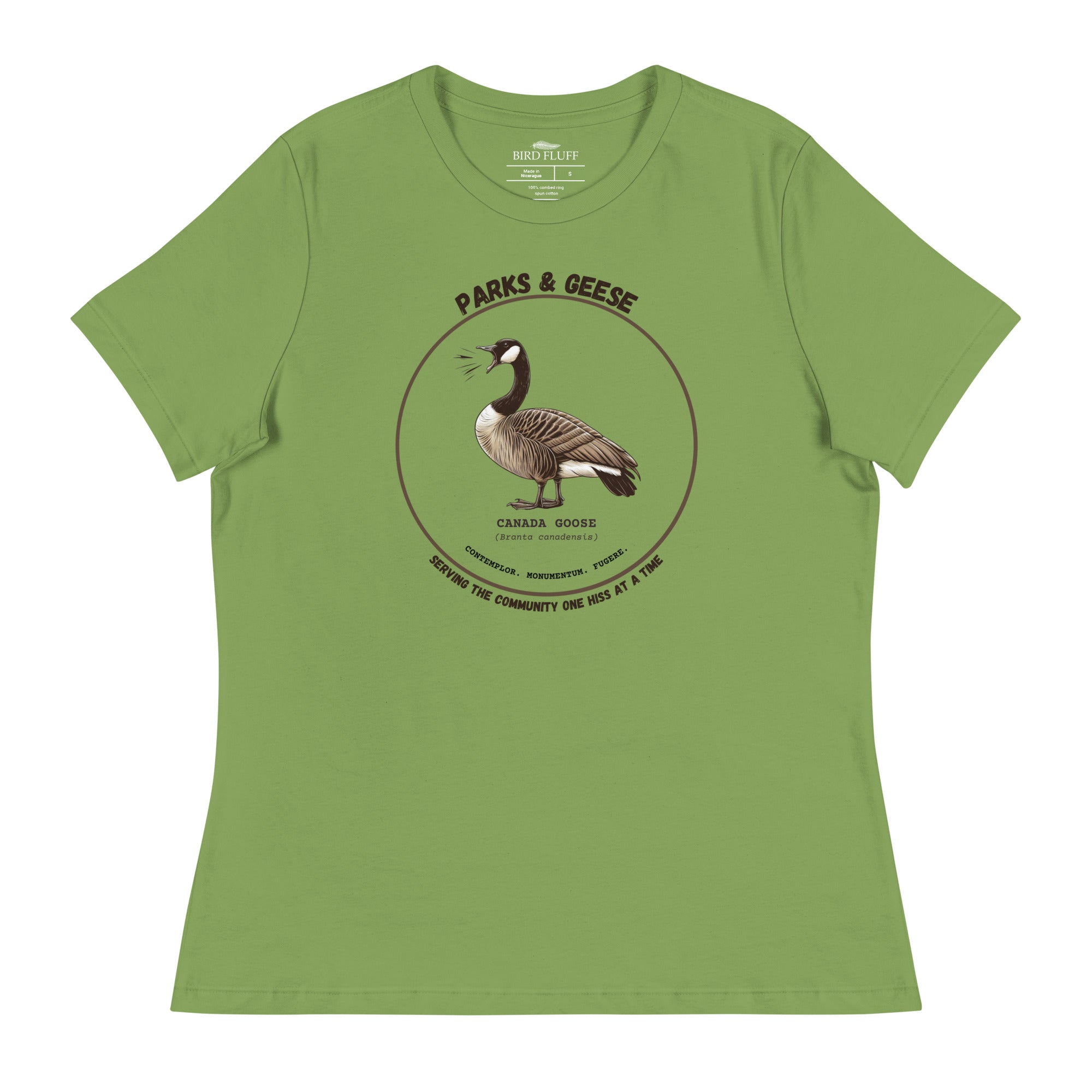 Women's relaxed fit bright green bird shirt with a canada goose on the front and a park department theme.