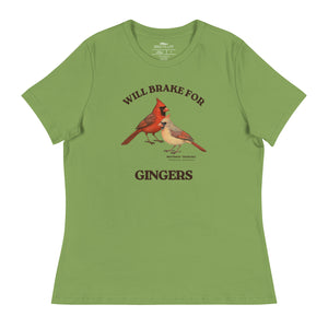 Leaf green women's relaxed fit bird shirt with a male and female northern cardinal and the words, "Will Brake for Gingers"