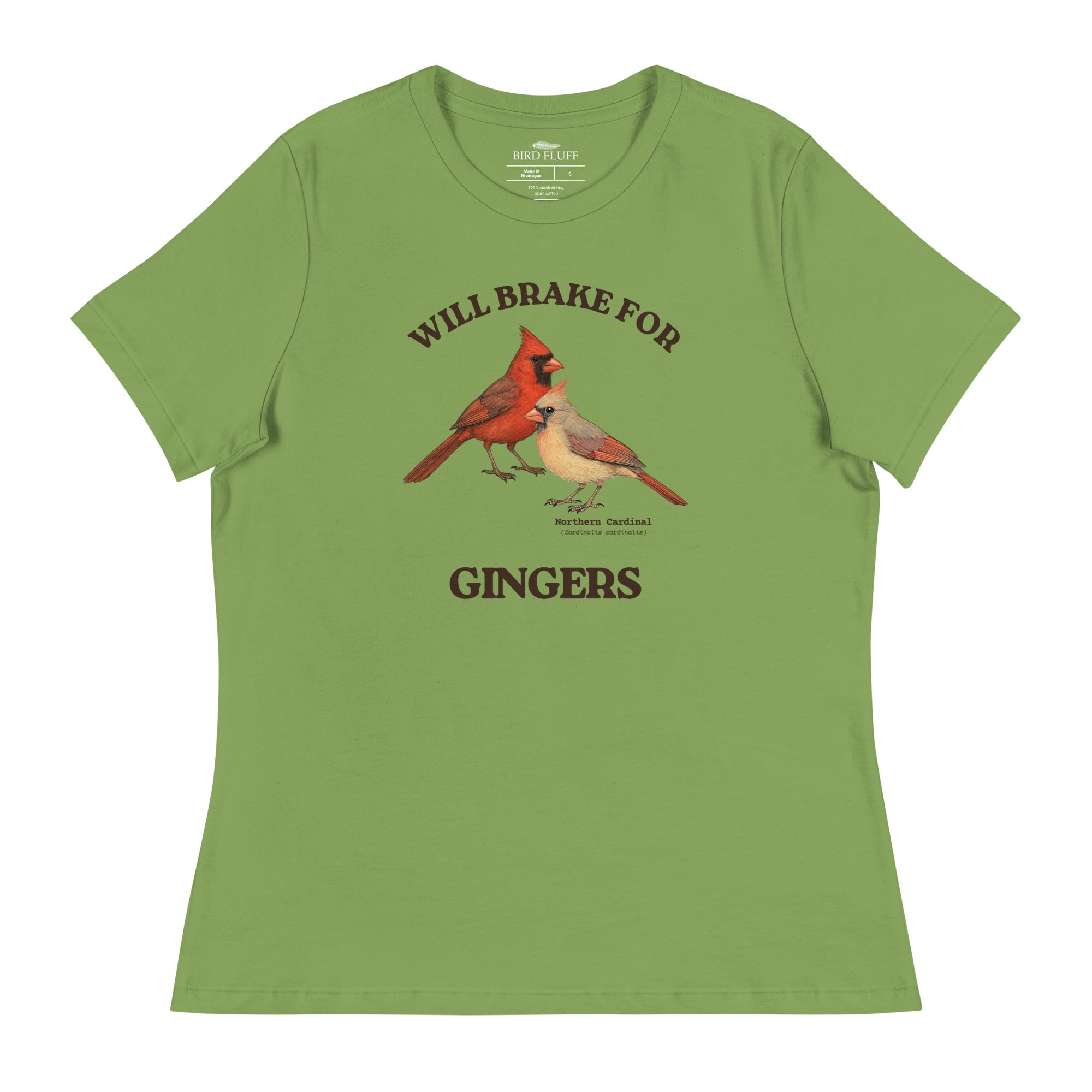 Leaf green women's relaxed fit bird shirt with a male and female northern cardinal and the words, "Will Brake for Gingers"