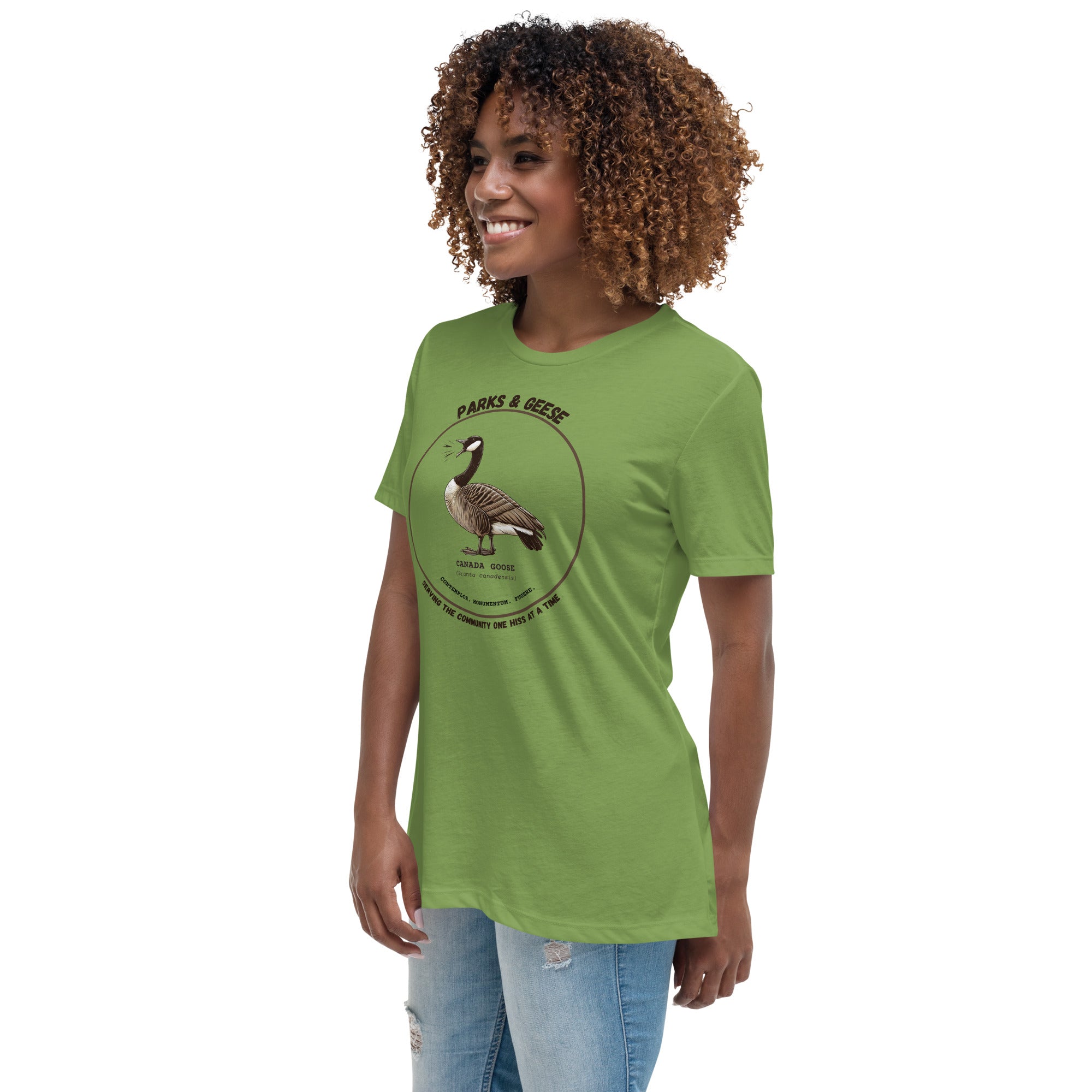 Women's relaxed fit bright green bird shirt with a canada goose on the front and a park department theme. Worn by a woman.