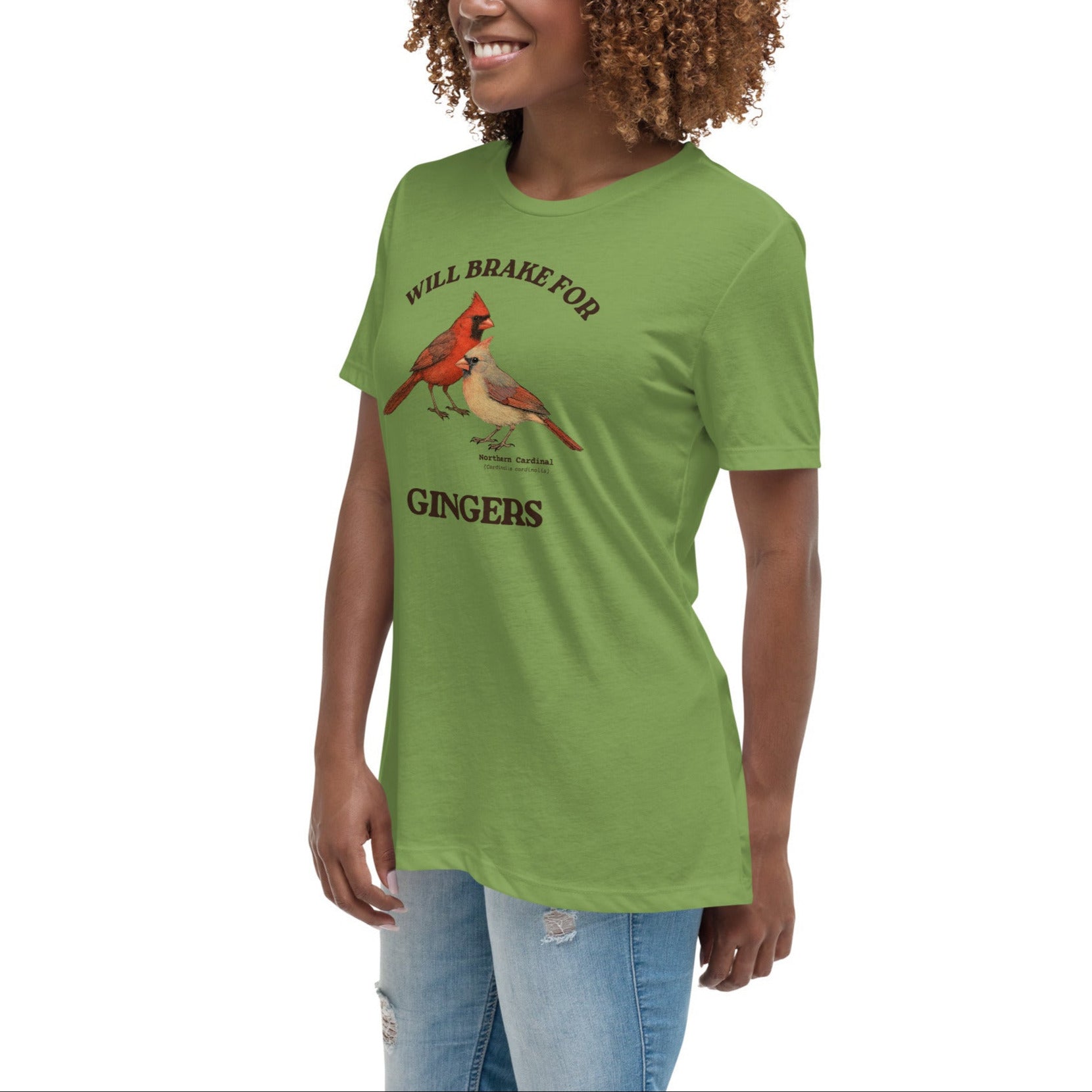 Leaf green women's relaxed fit bird shirt with a male and female northern cardinal and the words, "Will Brake for Gingers" worn by a woman.