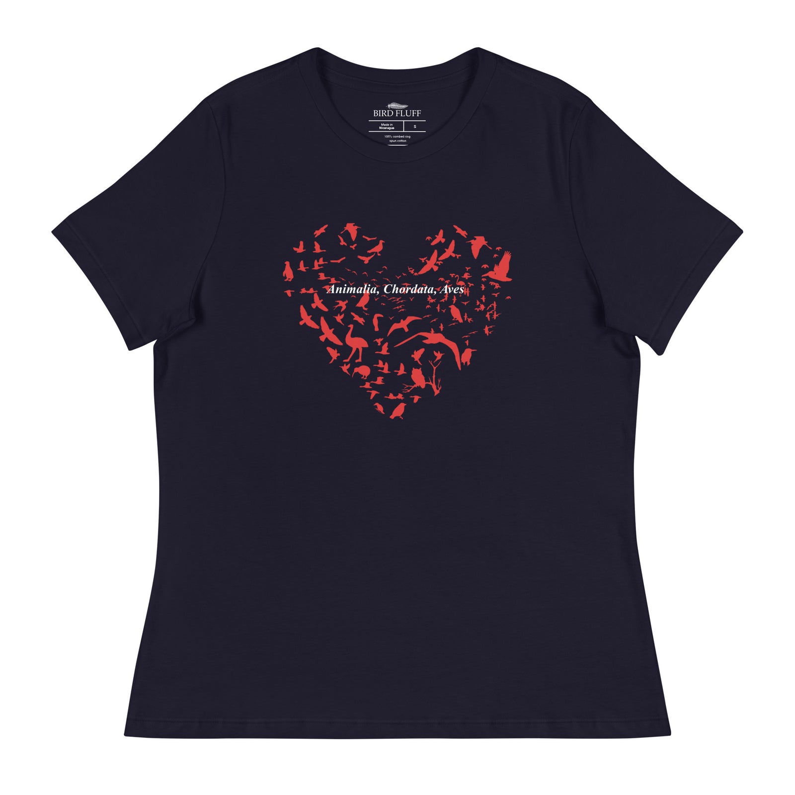 Navy blue women's bird t-shirt with a bird silhouettes of many different types of birds in red and arranged so they make a heart shape, on top of that the words, "Animalia, Chordata, Aves".