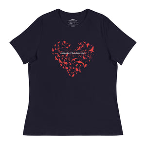 Navy blue women's bird t-shirt with a bird silhouettes of many different types of birds in red and arranged so they make a heart shape, on top of that the words, "Animalia, Chordata, Aves".