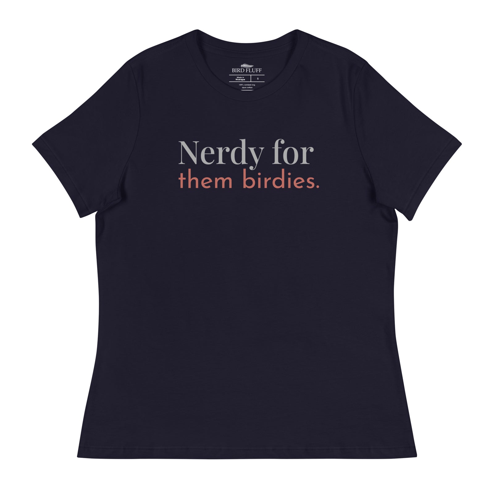 Navy blue women's bird shirt with the words Nerdy for them birdies on the front in two coordinating fonts and colors.