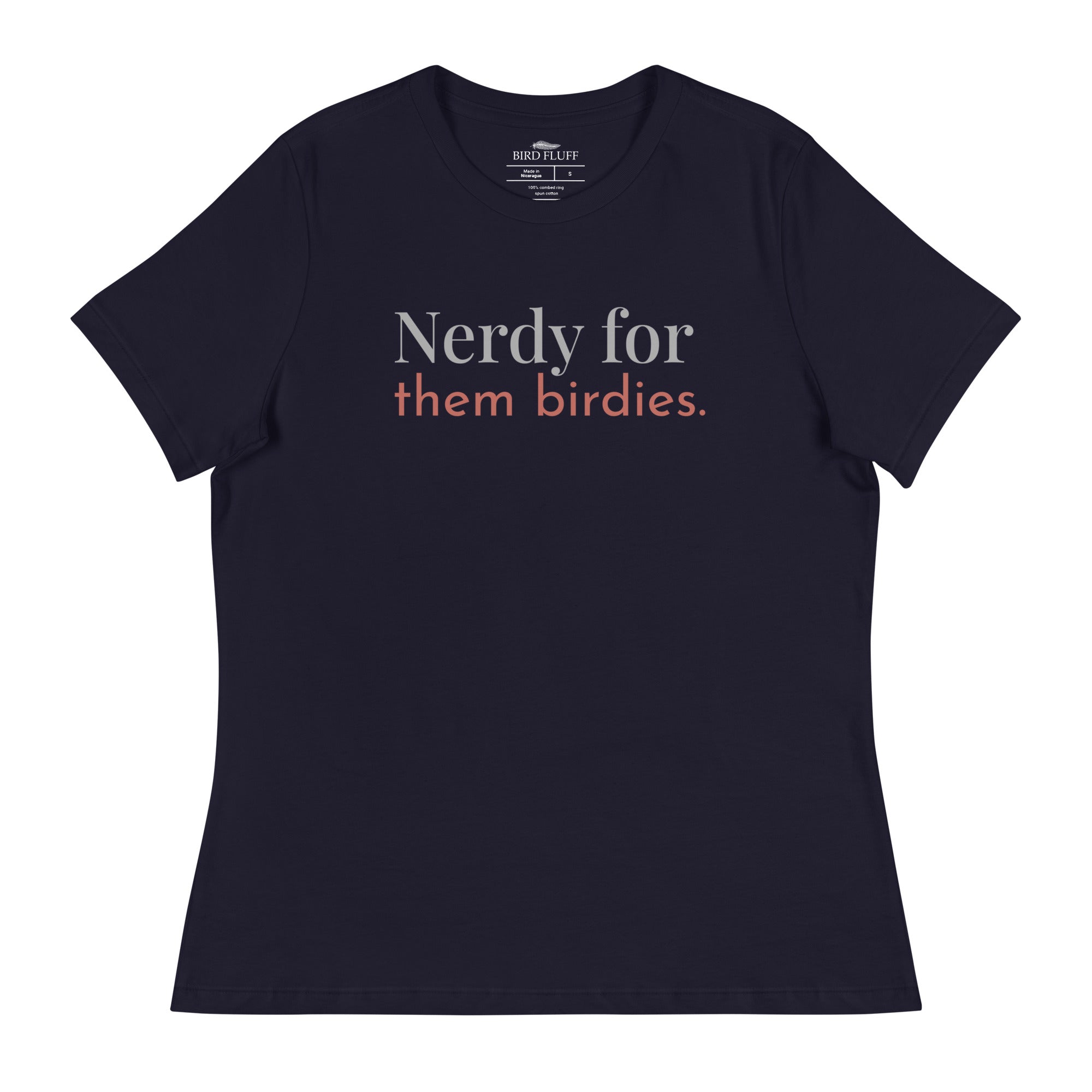 Navy blue women's bird shirt with the words Nerdy for them birdies on the front in two coordinating fonts and colors.