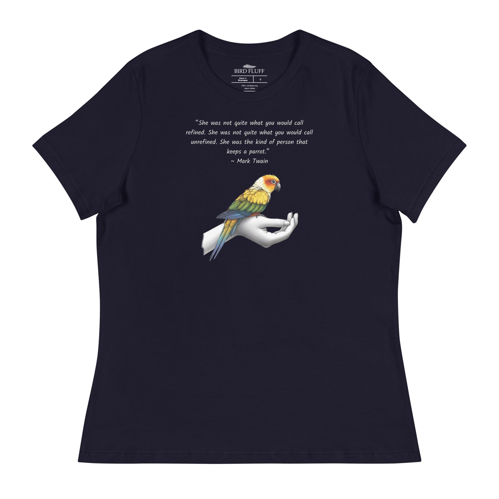 Women's relaxed fit navy blue bird  t-shirt with a sun conure on a hand and a Mark Twain quote about a woman who keeps parrots.
