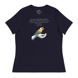 Women's relaxed fit navy blue bird  t-shirt with a sun conure on a hand and a Mark Twain quote about a woman who keeps parrots.