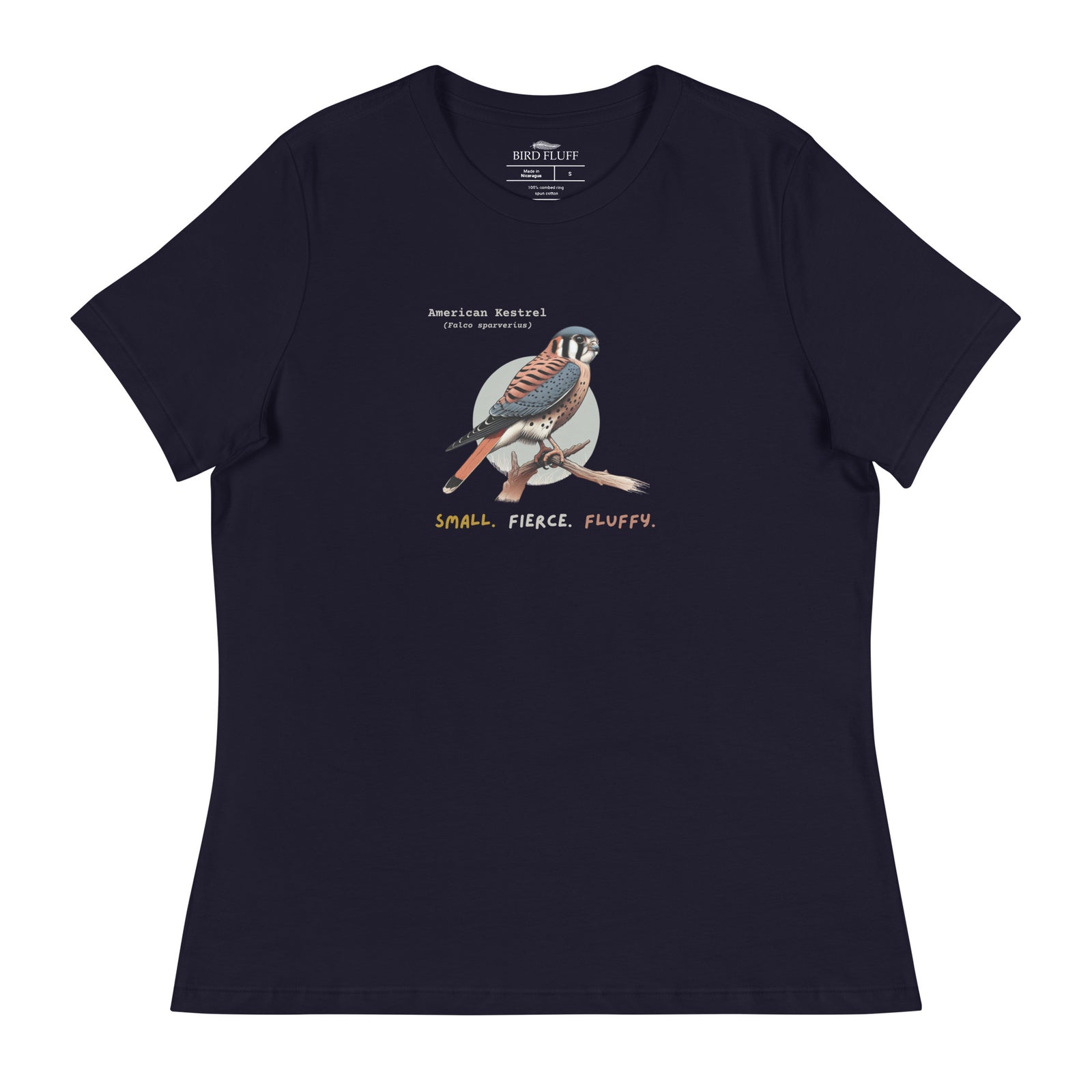A navy blue women's bird shirt with the words, "Small. Fierce. Fluffy" below an illustration of an American Kestrel.