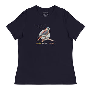 A navy blue women's bird shirt with the words, "Small. Fierce. Fluffy" below an illustration of an American Kestrel.