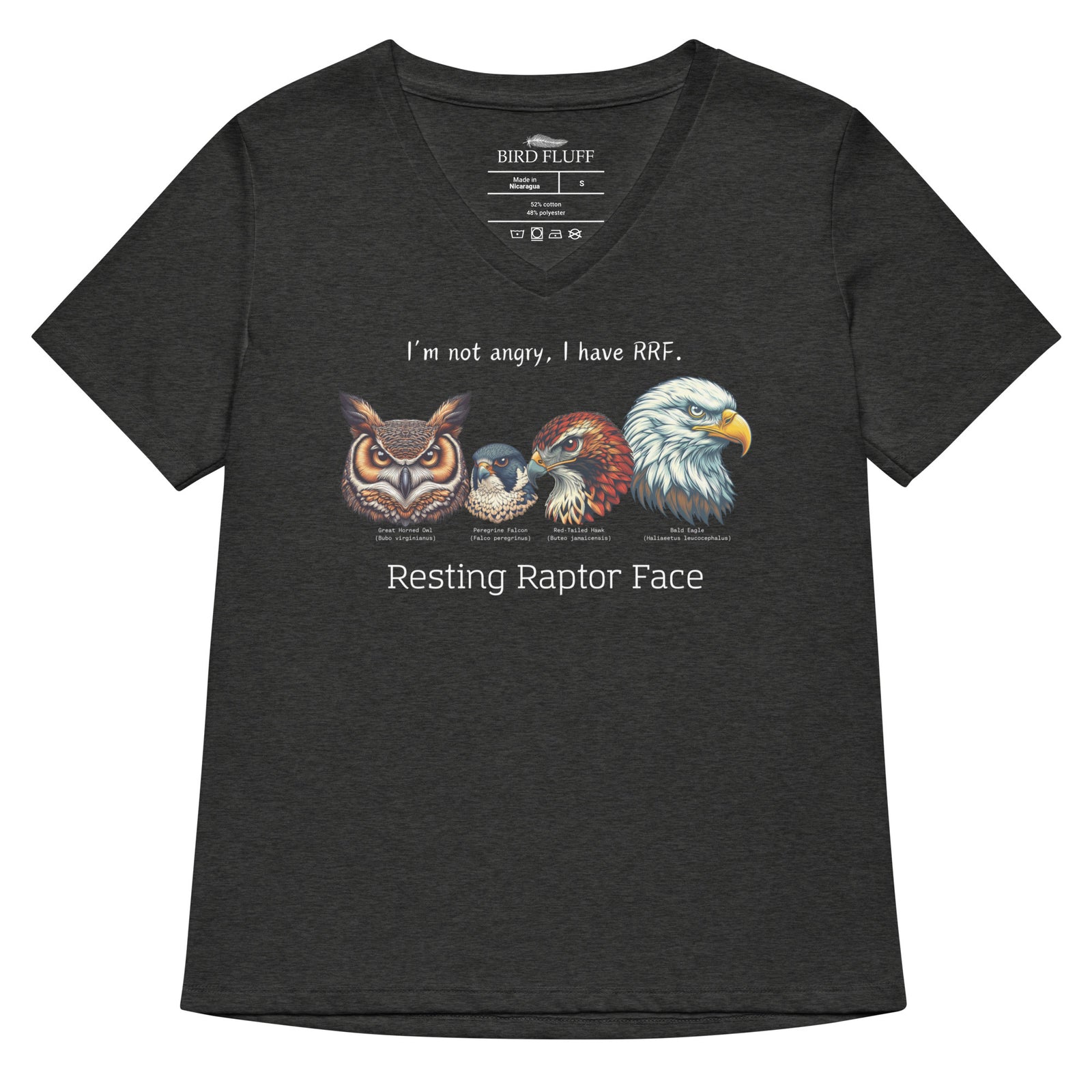 A black women's v-neck bird shirt with a great horned owl, a peregrine falcon, a red-tailed hawk and a bald eagle. The shirt has text that says, I'm not angry, I have RRF. Resting Raptor Face.