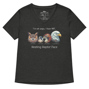 A dark heather gray women's v-neck bird shirt with a great horned owl, a peregrine falcon, a red-tailed hawk and a bald eagle. The shirt has text that says, I'm not angry, I have RRF. Resting Raptor Face.