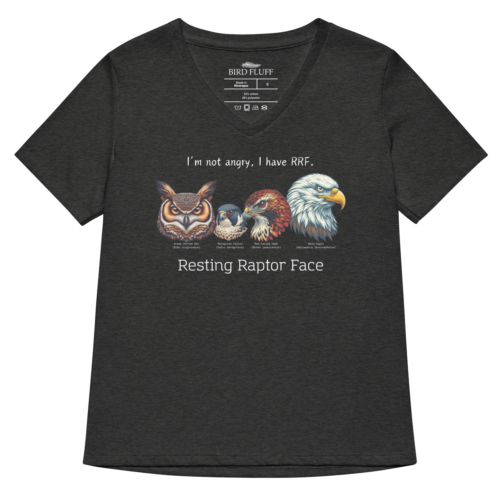 A dark heather gray women's v-neck bird shirt with a great horned owl, a peregrine falcon, a red-tailed hawk and a bald eagle. The shirt has text that says, I'm not angry, I have RRF. Resting Raptor Face.