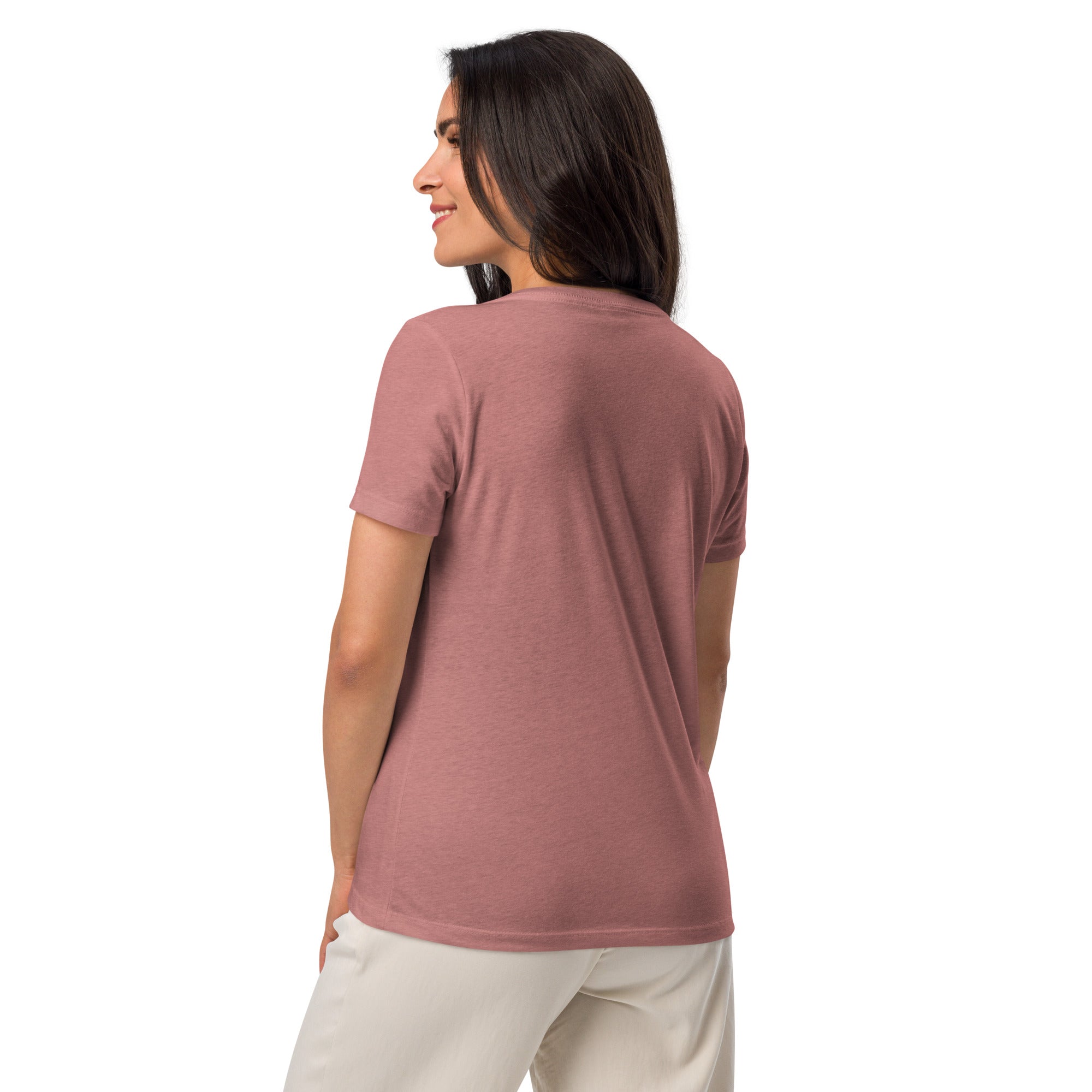 Heather mauve women's relaxed v-neck bird t-shirt with a canada goose on the front and a park department theme. Worn by a woman. Rear view shown, no graphics.