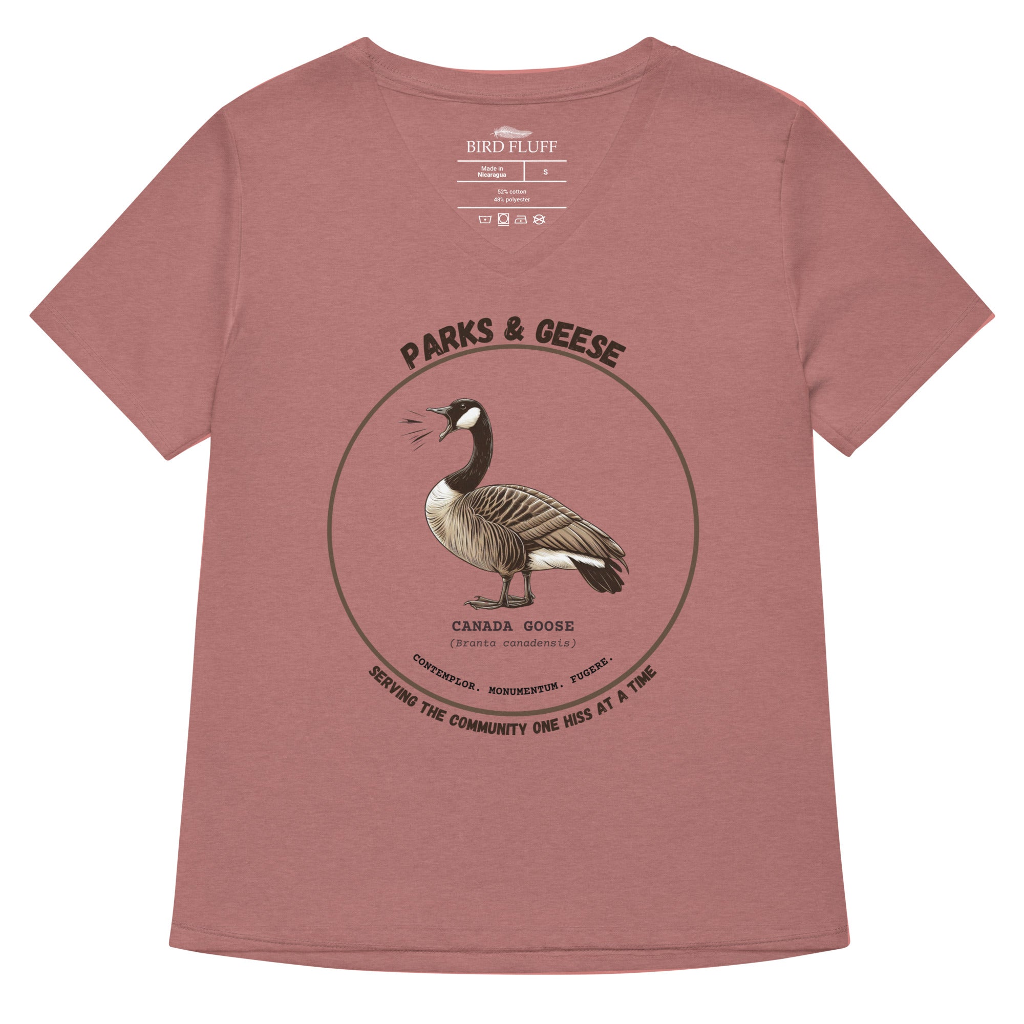 Heather mauve women's relaxed v-neck bird t-shirt with a canada goose on the front and a park department theme.