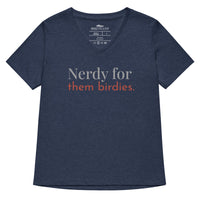 Heather navy women's v-neck bird shirt with the words Nerdy for them birdies on the front in two coordinating fonts and colors.