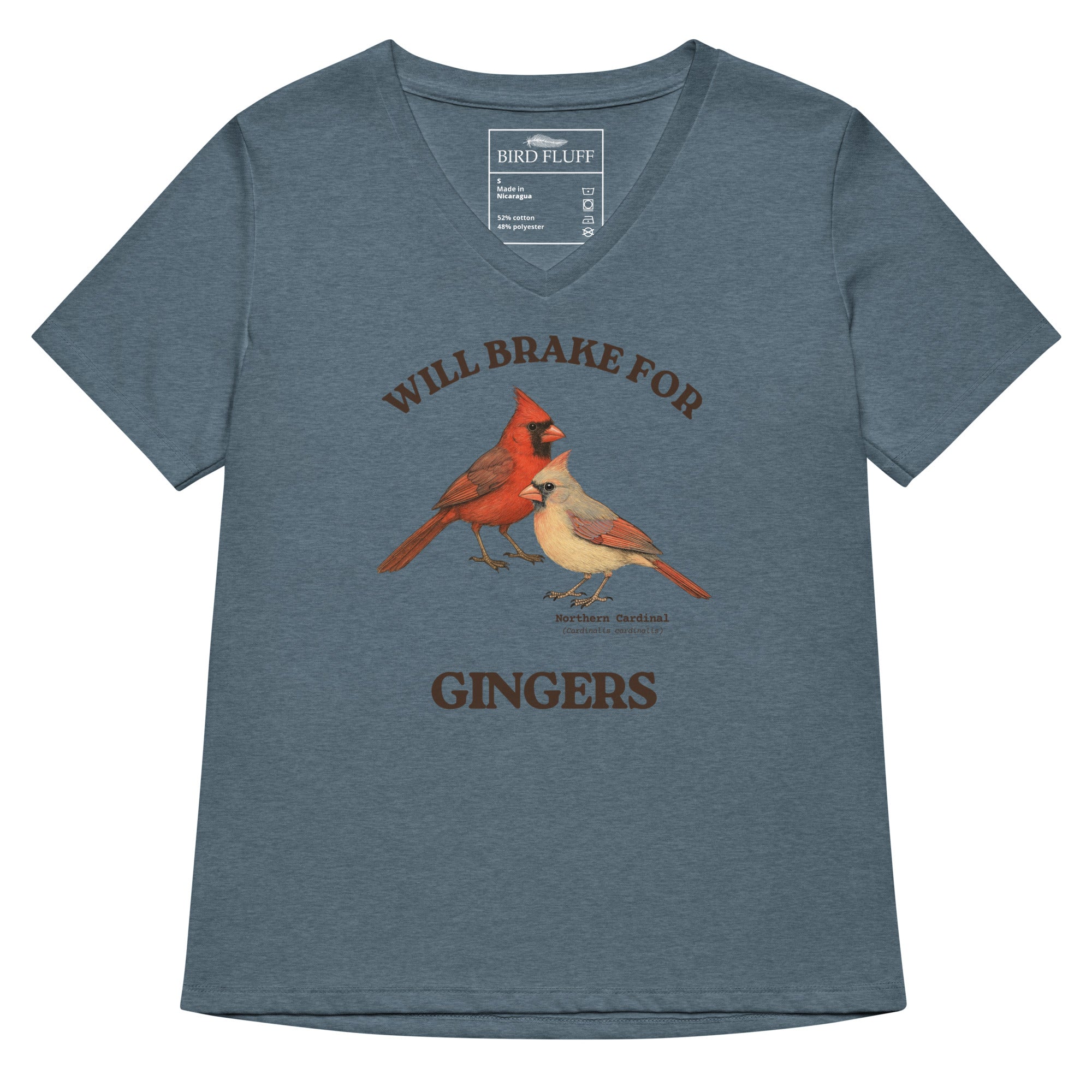 Heather slate blue women's relaxed fit v-neck bird shirt with a male and female northern cardinal and the words, "Will Brake for Gingers"