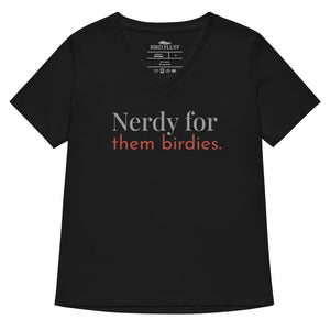 Black women's v-neck bird shirt with the words Nerdy for them birdies on the front in two coordinating fonts and colors.