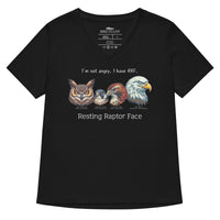 A black women's v-neck bird shirt with a great horned owl, a peregrine falcon, a red-tailed hawk and a bald eagle. The shirt has text that says, I'm not angry, I have RRF. Resting Raptor Face.