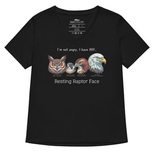 A black women's v-neck bird shirt with a great horned owl, a peregrine falcon, a red-tailed hawk and a bald eagle. The shirt has text that says, I'm not angry, I have RRF. Resting Raptor Face.