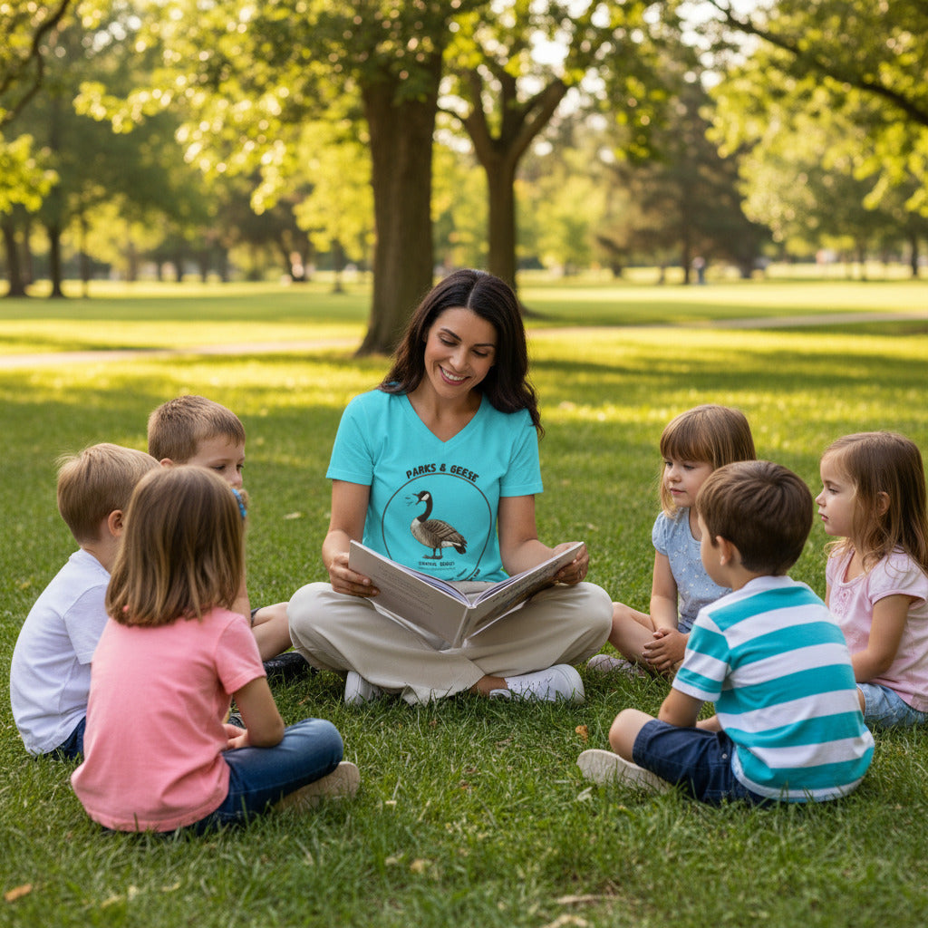 Turquoise women's relaxed v-neck bird t-shirt with a canada goose on the front and a park department theme. Worn by a woman.