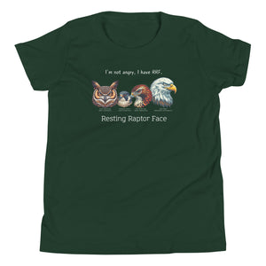 A forest green kid's bird shirt with a great horned owl, a peregrine falcon, a red-tailed hawk and a bald eagle. The shirt has text that says, I'm not angry, I have RRF. Resting Raptor Face.