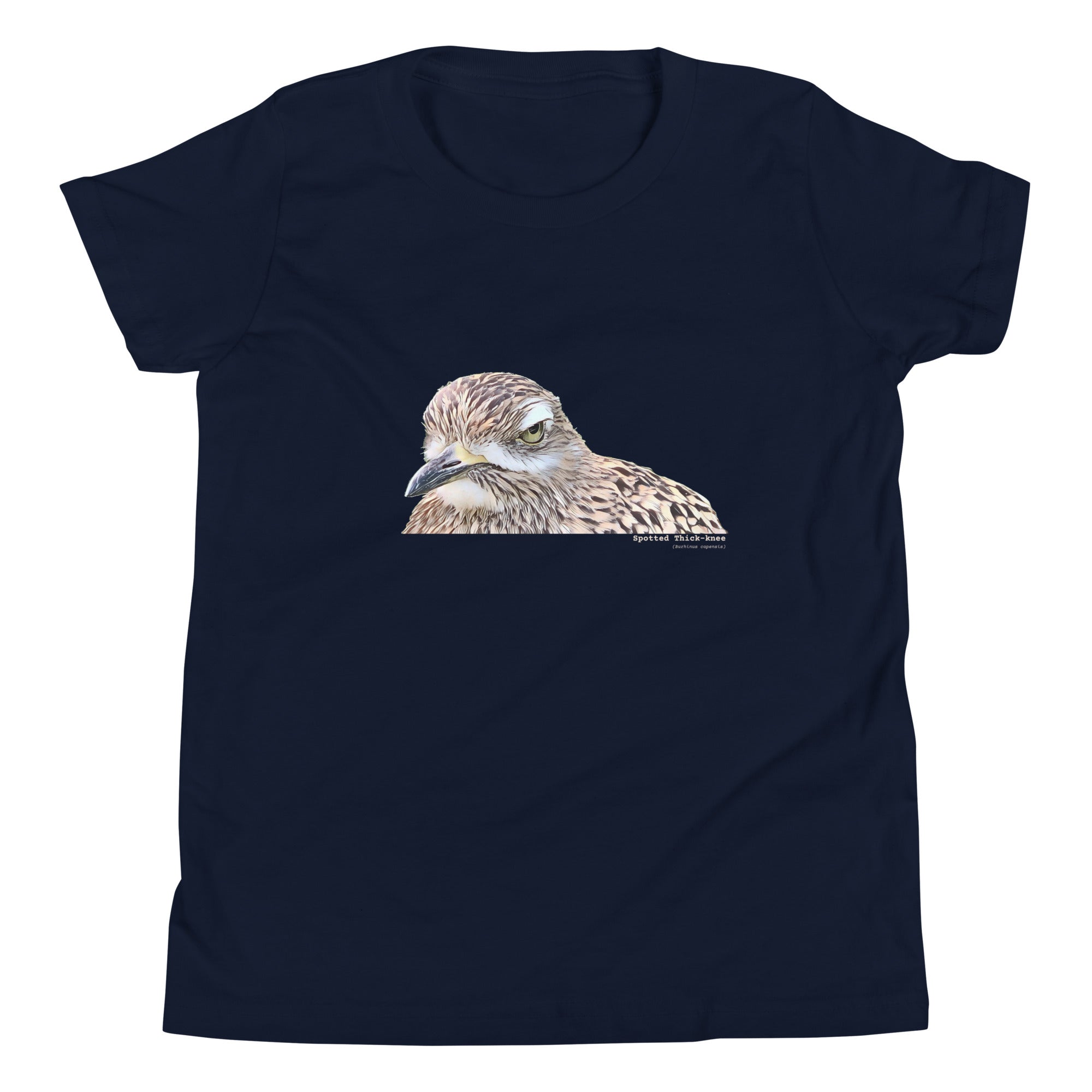 Navy unisex youth bird t-shirt with an illustrated picture of a spotted thick-knee bird looking grumpy. The words spotted thick-knee are written below the illustration, including the scientific name.