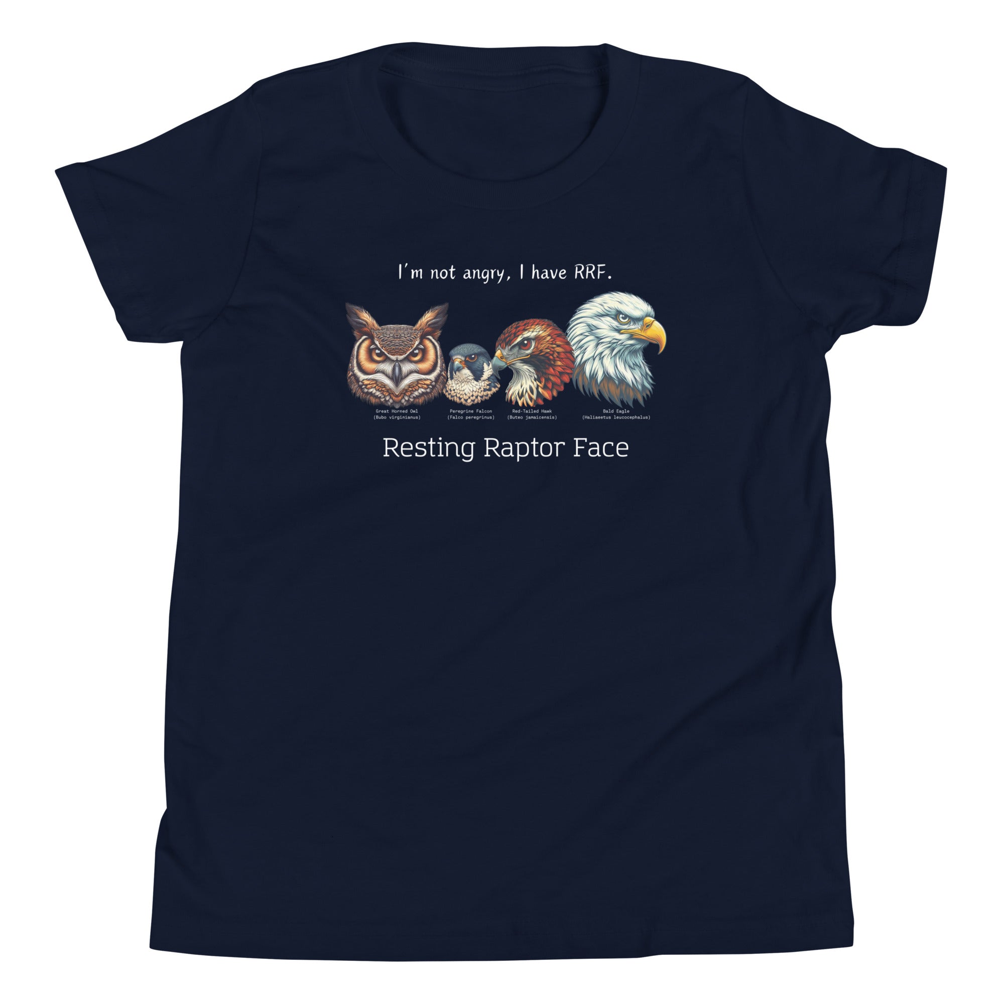 A navy kid's bird shirt with a great horned owl, a peregrine falcon, a red-tailed hawk and a bald eagle. The shirt has text that says, I'm not angry, I have RRF. Resting Raptor Face.