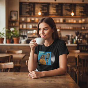 Woman drinking coffee in a cozy cafe with a Concert style women's relaxed fit tee in black; featuring an American Robin. 