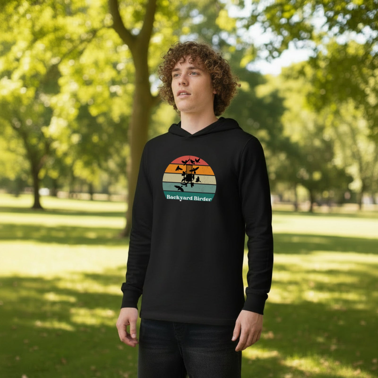 Black long sleeved hoodie birding tee with a retro backyard birder design on the front.