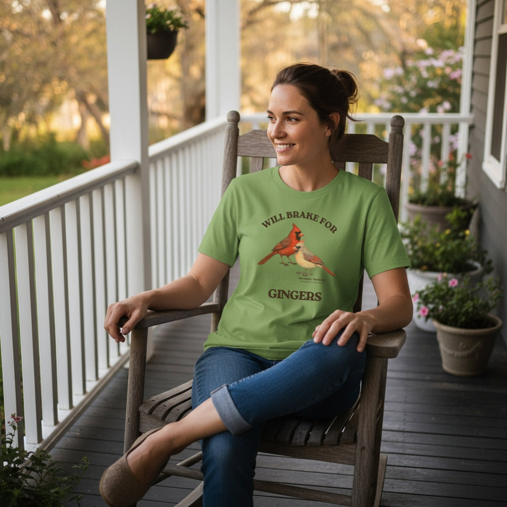 Leaf green women's relaxed fit bird shirt with a male and female northern cardinal and the words, "Will Brake for Gingers"